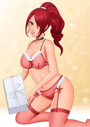 atlus breasts christmas christmas_lingerie female female_only lingerie mitsuru_kirijo persona persona_3 red_eyes red_hair rrl0215 solo tagme