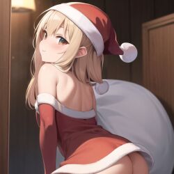 ai_generated ass blonde_hair brown_eyes female looking_at_viewer nemus_waifu_generator santa_hat solo