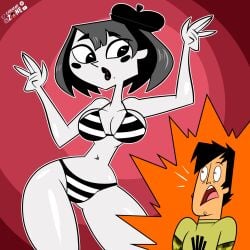 beret big_breasts bikini carazar_zone grey_body grey_hair gwen_(tdi) mime shocked stripes surprised thick_thighs total_drama_(series) total_drama_island trent_(tdi)