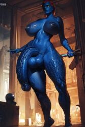 ai_generated blue_skin futanari huge_ass huge_boobs huge_cock jaconicon long_penis marvel marvel_comics mystique red_hair solo_futa tagme x-men