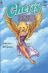 angel angel_wings blonde_hair cherry_poptart cherry_poptart_(comic) clouds comic comic_cover female gold_wings halo hand_on_pussy larry_welz open_mouth pale-skinned_female pale_skin posing posing_in_air purple_dress purple_robe rainbow_halo sky straight_hair touching_pussy wings