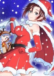 2girls artist_request blue_eyes cape christmas female female_only multiple_girls onesie red_dress ruby_rose rudolph_the_red_nosed_reindeer rwby santa_hat snow solo_focus weiss_schnee white_hair