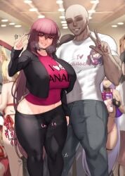 1boy 1girls anonymous_male aster_crowley bald bald_man bb_(swimsuit_mooncancer) breasts dark-skinned_male dark_skin faceless_male fate/grand_order fate_(series) female hips huge_breasts indoors light-skinned_female light_skin long_hair male nero_claudius_(swimsuit_caster) purple_hair red_eyes scathach_(fate) text_on_clothing thick_thighs thighs wide_hips