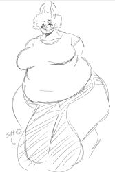 anthro big_bulge big_penis bulge clothed clothing digital_media_(artwork) eldiipiid genitals happy hi_res huge_bulge huge_cock hyper hyper_bulge hyper_genitalia hyper_penis lagomorph leporid male mammal marina_gray_(eldiipiid) moobs overweight penis rabbit rule_63 simple_background solo thick_thighs wide_hips