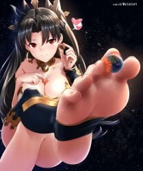 1girls between_breasts big_breasts black_hair breasts cleavage destruction fate/grand_order fate_(series) feet giantess ishtar_(fate) jewelry long_hair macro planet planet_destruction rakia_(ds00309) red_eyes smile soles space spoken_heart stirrup_legwear toes