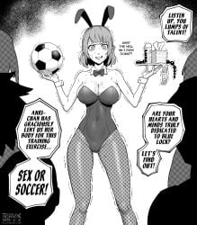 1girls anal_beads anal_beads_on_tray anri_teieri blue_lock blush bowtie bunny_ears bunnysuit condom crown_braid embarrassed english english_text fellatrix female female_focus greyscale group lube lube_bottle rabbit_ears short_hair soccer soccer_ball solo_focus speech_bubble sweat