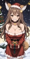 ai_generated annytf brown_eyes christmas christmas_headwear christmas_outfit christmas_tree cleavage collar fox fox_ears fox_girl fox_tail gift_box grin indie_virtual_youtuber large_breasts light_brown_hair long_hair night night_sky ornament outdoors smile snow snowing stable_diffusion star_(symbol) star_ornament virtual_youtuber vtuber