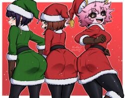 3girls ass ass_focus asses_touching black_sclera brown_eyes brown_hair bubble_butt butt_squish butts_touching christmas christmas_outfit curvaceous dumptruck_ass fat_ass_teen female female_only fully_clothed gloves kyoka_jiro light-skinned_female looking_at_viewer looking_back lordguyis mina_ashido multiple_girls my_hero_academia ochako_uraraka pink_hair pink_skin presenting presenting_ass presenting_hindquarters purple_hair santa_costume santa_hat smile smiling_at_viewer snow squish teenage_girl teenager tights voluptuous_teen yellow_eyes