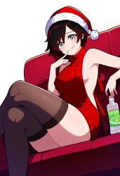 ai_generated breasts couch covered_nipples exposed_thighs female finger_to_mouth imminent_sex lube medium_breasts novelai ruby_rose rwby santa_hat self_upload shoulders sideboob smirk thighhighs thighs virgin_killer_sweater