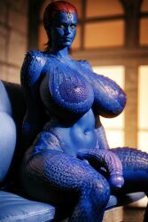 ai_generated blue_skin futanari huge_ass huge_boobs huge_cock jaconicon long_penis marvel marvel_comics mystique red_hair solo_futa tagme x-men