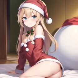 ai_generated ass bedroom blonde_hair blue_eyes female nemus_waifu_generator santa_hat santa_outfit solo