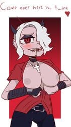 blush breasts breasts_out cigarette cross dialogue grey_hair helltaker horns looking_at_viewer necklace piercing red_clothing red_eyes simple_background sos_or_loss talking_to_viewer wristband zdrada_(helltaker)