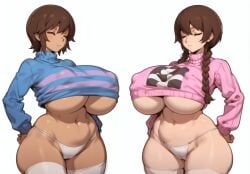 2d 2girls abdomen aged_up ai_generated bangs big_ass big_breasts blue_clothing blue_sweater braids breasts brown_hair cameltoe closed_eyes closed_mouth clothed clothing covered_nipples creamballz crossover curvaceous curvy dark-skinned_female dark_skin duo expressionless eyebrows eyelashes eyes_closed fat_mons female frisk hands_on_hips huge_ass huge_breasts large_ass large_breasts light-skinned_female light_skin long_hair long_sleeves madotsuki multiple_girls mystical_(style) navel nipple_bulge no_bra older pale-skinned_female pale_skin panties pink_clothing pink_sweater serious short_hair sweater tan tan-skinned_female tan_skin tanned_female tanned_skin thick thick_thighs thighhighs thighs thong toned toned_stomach topwear turtleneck twin_braids underboob underboob_sweater undertale undertale_(series) underwear voluptuous white_background white_legwear white_panties white_thighhighs white_thong wide_hips yume_nikki