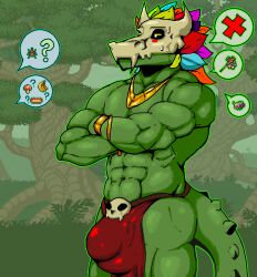 abs absurd_res bodily_fluids bottomwear bulge clothing crossed_arms hi_res loincloth male male/male male_only muscular pecs scalie sweat terraria velvetdraw witch_doctor_(terraria)