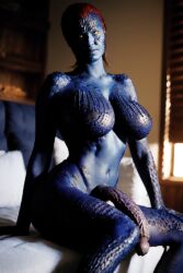 ai_generated blue_skin futanari huge_ass huge_boobs huge_cock jaconicon long_penis marvel marvel_comics mystique red_hair solo_futa tagme x-men