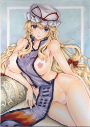arm_support bare_shoulders blonde_hair blue_background blue_eyes bow censored censored_nipples closed_mouth collarbone feet_out_of_frame female hair_between_eyes hairbow hat hat_ribbon head_tilt light_smile long_hair looking_at_viewer marker_(medium) mikeko_(user_zntg7852) mob_cap nude purple_tabard red_bow red_ribbon ribbon simple_background solo tabard touhou traditional_media very_long_hair white_headwear yakumo_yukari yukari_yakumo