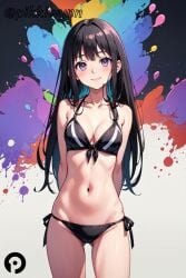 ai_generated arms_behind_back ass_visible_through_thighs bangs bare_shoulders bikini black_bikini black_hair blush breasts cleavage closed_mouth collarbone cowboy_shot female front-tie_bikini_top front-tie_top halterneck inoue_takina long_hair looking_at_viewer lycoris_recoil medium_breasts navel paint_splatter pikkiwynn purple_eyes side-tie_bikini_bottom smile solo standing stomach string_bikini swimsuit