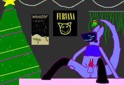 animal_genitalia animal_penis anthro anus balls bed blush bodily_fluids canine_genitalia canine_penis christmas closed_eyes clothing cum decoration furniture genital_fluids genitals holding_leg holding_thigh holidays humanoid ivan_yevginey legwear machine male microsoft_paint mistletoe nirvana nirvana_logo on_bed outline penis plant poster_(object) protogen purple_outline smile solo spread_anus spreading thigh_highs vines weezer