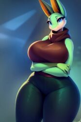 1girls 5_fingers ai_generated anthro anthro_only anthrofied big_breasts big_ears blue_eyes breasts clothed clothes clothing crossed_arms ear eyebrows eyelashes female female_only fully_clothed green_skin hips huge_breasts humanoid ilya_efimov june_greenfield large_breasts looking_at_viewer pants pokemon serperior simple_background sleeveless sleeveless_turtleneck smile smiling smiling_at_viewer solo solo_female stable_diffusion thick thick_thighs thighs turtleneck voluptuous wide_hips yoga_pants