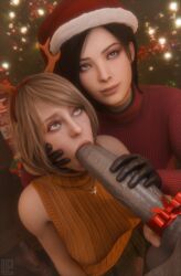 1boy 1male 1monster 2girls 3d 3d_(artwork) ada_wong ada_wong_(adriana) ashley_graham ashley_graham_(ella_freya) asian_female assisted_blowjob assisted_fellatio black_hair blonde_hair blowjob capcom caressing_face christmas ffm_threesome gloves highres holding_face lazper looking_up monster monster_cock mr_x penis_grab resident_evil resident_evil_2 resident_evil_2_remake resident_evil_4 resident_evil_4_remake santa_hat smiling tyranted