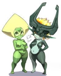 2females 2girls artist_signature blue_nipples cartoon_network crossover eastern_and_western_character exposed_breasts exposed_nipples exposed_pussy female female_focus female_only gem_(species) green_eyes green_nipples green_skin hands_on_hips imp_midna looking_at_viewer midna mr.jellybeans multiple_girls naked naked_female nude nude_female patterned_body peridot_(steven_universe) pointy_ears shaded shaved_pussy shortstack slightly_chubby small_breasts smirk smirking smirking_at_viewer steven_universe the_legend_of_zelda twilight_princess white_background yellow_eyes yellow_hair