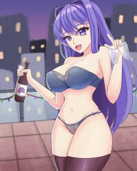 1girls alternate_version_available big_breasts bottle bra breasts christmas city city_background clothed clothed_female doki_doki_literature_club female female_only holding holding_alcohol holding_glass long_hair matching_hair/eyes moritaris open_mouth open_smile panties purple_eyes purple_hair smile solo solo_female thighhighs yuri_(doki_doki_literature_club)