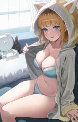 1girls :3 big_breasts blue_bra blue_eyes blue_panties blue_underwear bow bow_panties bra cute_fang female female_focus memcho oshi_no_ko panties sweat sweatdrop sweating thick_thighs underwear unnunal_(unneonal)