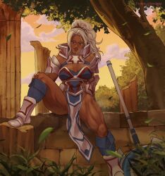 1girls armor armored_boots boots column commission dark-skinned_female dark_skin female female female_only fire_emblem fire_emblem_engage gauntlets grass greaves highres leg_up lewdpala looking_at_viewer muscular muscular_female naked_armor nintendo no_panties pelvic_curtain pillar ponytail saphir_(fire_emblem) sitting solo steam sunset sweat thick_thighs thighs tree white_hair