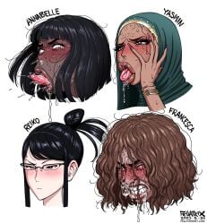 4futas ahe_gao ahegao annabelle_(fellatrix) annabelle_steele asian asian_female black_hair blush brown_hair dark-skinned_female expressionless fellatrix francesca_(fellatrix) francesca_casarino freckles futa_only futanari glasses hijab implied_futanari japanese_female messy_hair ponytail portrait reiko reiko_(fellatrix) reiko_tatsugami saliva short_hair sweat twitching white_background yasmin_(fellatrix)