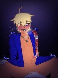 anal_sex bandage_on_knee bandaged_arm black_background blonde_hair blood_on_arm blood_on_bandage blue_jacket cowgirl_position cum cum_in_ass dark-skinned_male erect_penis erection eyebrow_piercing eyes_rolling_back faceless_character faceless_male fangs gay_sex grinning hairy_pubes hands_behind heavy_breathing jacket_only lip_biting male/male male_only necklace orgasm orgasm_face orgasm_from_anal original_character original_oc penis shadow_on_eye spread_legs sweaty_body tremble white_skin