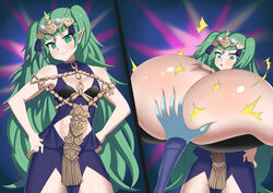 1girls atz-zukin bangs bare_thighs breast_expansion breast_grab breasts bursting_breasts cleavage fire_emblem fire_emblem:_three_houses green_eyes green_hair huge_breasts hyper_breasts long_hair nintendo pointy_ears sothis_(fire_emblem) very_long_hair