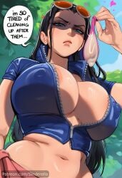 ai_generated breasts_bigger_than_head busty caption comic comic_page commission curvaceous curvy dialogue disgusted disgusted_look english_text eww female female_only heavenly_ass huge_ass huge_breasts nico_robin one_piece outdoors park patreon patreon_url patreon_username public sinderellaart tease teasing_viewer text text_bubble thick used_condom voluptuous