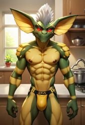 abs ai_generated biceps blush gay green_skin gremlins jockstrap jockstrap_only looking_at_viewer male male_only muscular muscular_male red_eyes smile stripe_(gremlins) toned_body toned_male twall97 white_hair