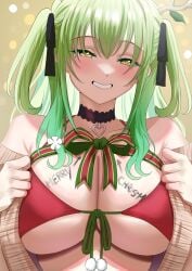 1girls bikini breasts ceres_fauna ceres_fauna_(3rd_costume) christmas female green_hair hololive hololive_english hololive_english_-council- hololive_english_-promise- huge_breasts light-skinned_female light_skin long_hair naughty_face redi_(rasec_asdjh) smile virtual_youtuber yellow_eyes