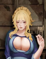 1girls bayu_set blonde_hair breasts brown_eyes clair_(fire_emblem) cleavage commission commissioner_upload dress female female_only fire_emblem fire_emblem_echoes:_shadows_of_valentia nintendo ponytail wardrobe_malfunction