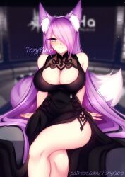 black_dress cleavage cleavage_dress dirtykuro dress evening_dress evening_gown fox_ears fox_girl foxgirl foxykuro hair_covering_eye hair_covering_one_eye hair_over_eye hair_over_one_eye hair_over_one_eyes kitsune kuro_(foxykuro) long_hair long_purple_hair original purple_eyes purple_hair purple_hair_female side_slit slit_dress