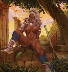 1girls abs armor armored_boots boots breasts column commission commissioner_upload dark-skinned_female dark_skin female female_only fire_emblem fire_emblem_engage gauntlets grass greaves highres leg_up lewdpala looking_at_viewer muscular muscular_female naked_armor nintendo nipples no_panties pillar ponytail pussy saphir_(fire_emblem) sitting solo steam sunset sweat thick_thighs thighs tree white_hair