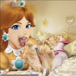 2girls bed dirty dirty_feet feet female female_only foot_fetish foot_focus foot_lick foot_play foot_worship footjob lesbian lesbian_sex lesbians licking_feet mario_(series) princess princess_daisy princess_peach randomuseragain2016 scat sniffing sniffing_feet super_mario_bros. tongue yuri