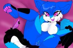 anthro belovedfoxx big_breasts bodily_fluids breasts canid canine canis clothing female genital_fluids genitals hi_res looking_at_viewer looking_pleasured mammal panties pink_eyes pussy pussy_juice solo underwear vidal_(sona) wings wolf