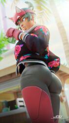 3d ass ass_focus athleisure_kiriko big_ass clothed clothing drinking female green_hair hi_res jdv kiriko_(overwatch) overwatch overwatch_2 watermark