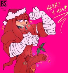 abs absurd_res anthro bacon_sama balls big_penis blush christmas christmas_clothing christmas_headwear clothing foreskin genitals hat headgear headwear hi_res holidays huge_cock knuckles_the_echidna looking_at_viewer male male_only mistletoe muscular muscular_male penis plant pubes santa_hat sega solo sonic_(series) sonic_the_hedgehog_(series) tongue tongue_out