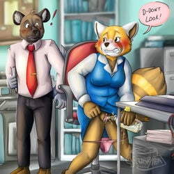 aggressive_retsuko anthro bodily_fluids clothing duo female furrtea genital_fluids genitals haida hi_res male male/female panties panties_down peeing peeing_in_bottle pussy retsuko sanrio smooth_fur underwear underwear_down urine urine_stream