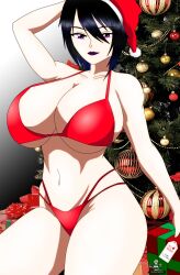 akinama_family_(noir-black-shooter) big_breasts dark_blue_hair female gift huge_breasts milf naoki_akinama_(noir-black-shooter) noir-black-shooter oc original original_character purple_eyes santa_bikini santa_hat short_hair