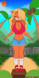 1girls animated anthro big_breasts blonde_hair bouncing_breasts breasts cleavage clothed clothing crash_(series) detailed_background female female_only fur furry furry_only gameplay_mechanics huge_breasts large_breasts scruffmuhgruff short_playtime solo solo_female tawna_bandicoot