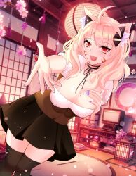 1girl 1girls :d ahoge animal_ears bangs black_choker black_legwear black_ribbon black_skirt blonde_hair blush breasts cat_ears cat_tail catgirl cherry_blossoms choker cleavage collarbone eyebrows_visible_through_hair face_markings facial_mark female_only fence hair_between_eyes hand_on_own_chest indoors large_breasts long_hair looking_at_viewer mole_on_breast nail_polish open_mouth outstretched_arm outstretched_hand petals pink_hair pink_nails pleated_skirt reaching_out red_eyes ribbon skirt smile solo squchan_(vtuber) tail thighhighs virtual_youtuber vyugen zettai_ryouiki