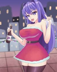 1girls alternate_version_available belt big_breasts bottle breasts christmas city city_background clothed clothed_female doki_doki_literature_club female female_only holding holding_alcohol holding_glass long_hair matching_hair/eyes moritaris open_mouth open_smile purple_eyes purple_hair santa_costume santa_dress smile solo solo_female thighhighs yuri_(doki_doki_literature_club)