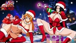 2022 2girls artist_name ass ass_focus ass_visible_through_thighs belly belly_button big_breasts big_thighs black_heels boa_hancock brown_eyes brown_eyes_female christmas clothed clothed_female clothes clothing curvaceous curvy curvy_body curvy_female curvy_females curvy_figure curvy_hips curvy_thighs fanart female female_focus female_only garter garter_straps high_heel_boots high_heels hourglass_figure lights long_black_hair long_hair long_hair_female looking_at_viewer looking_pleasured lord_jackson_art monkey_d_luffy nami nami_(one_piece) navel night night_sky one_piece orange_hair orange_hair_female overboob post-timeskip presents red_boots red_gloves red_high_heel_boots red_high_heels red_thong red_thong_panties round_breasts santa_claus_(cosplay) santa_costume santa_hat shiny shiny_breasts shiny_hair shiny_skin smile smiley_face smiling smiling_at_viewer snow snow_on_trees stars thick thick_ass thick_body thick_breasts thick_butt thick_hips thick_legs thick_thighs thighhighs thighs thong thong_bikini title_card title_page town twitter twitter_username underboob watermark