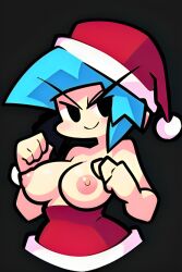 ai_generated black_eyes blue_hair blush boyfriend_(friday_night_funkin) breasts_out christmas christmas_hat christmas_outfit clenched_fists female_boyfriend_(friday_night_funkin) friday_night_funkin looking_at_viewer pixai rule_63 rule_63 santa_costume santa_hat short_hair smile