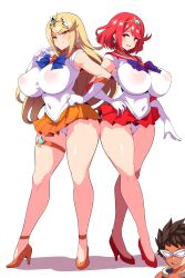 1boy 2girls bishoujo_senshi_sailor_moon blonde_hair breasts clothing cosplay female gold_eyes high_heels highres hips huge_breasts konno_tohiro large_breasts light-skinned_female male mythra naughty_face nintendo pyra red_eyes red_hair rex_(xenoblade) sailor_mars_(cosplay) sailor_venus_(cosplay) short_hair skirt thick_thighs thighs wide_hips xenoblade_(series) xenoblade_chronicles_2