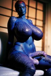 ai_generated blue_skin futanari huge_ass huge_boobs huge_cock jaconicon long_penis marvel marvel_comics mystique red_hair solo_futa tagme x-men